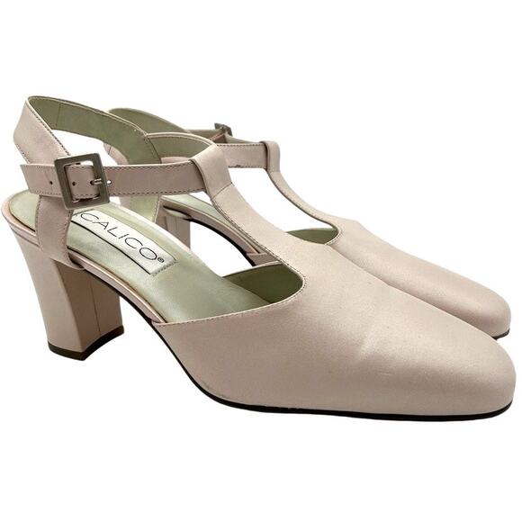 Vintage Calico Mary Jane Heels 8.5 NOS T-Strap Block Heel Nude Balletcore NOS - Picture 12 of 14